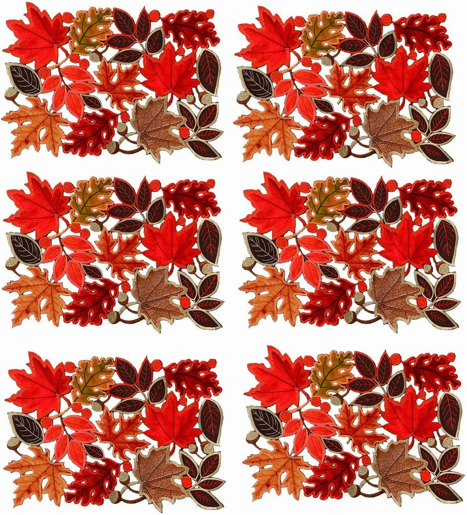 Set of 6 Embroidered Leaves Table Place-Mats for Thanksgiving, Fall or Autumn Harvest Decorations (14 Γ 20 Inches)