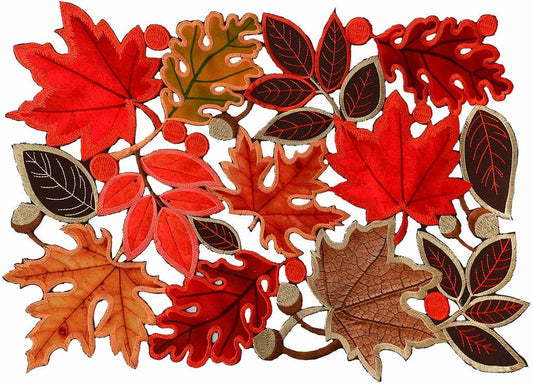 Set of 6 Embroidered Leaves Table Place-Mats for Thanksgiving, Fall or Autumn Harvest Decorations (14 × 20 Inches)