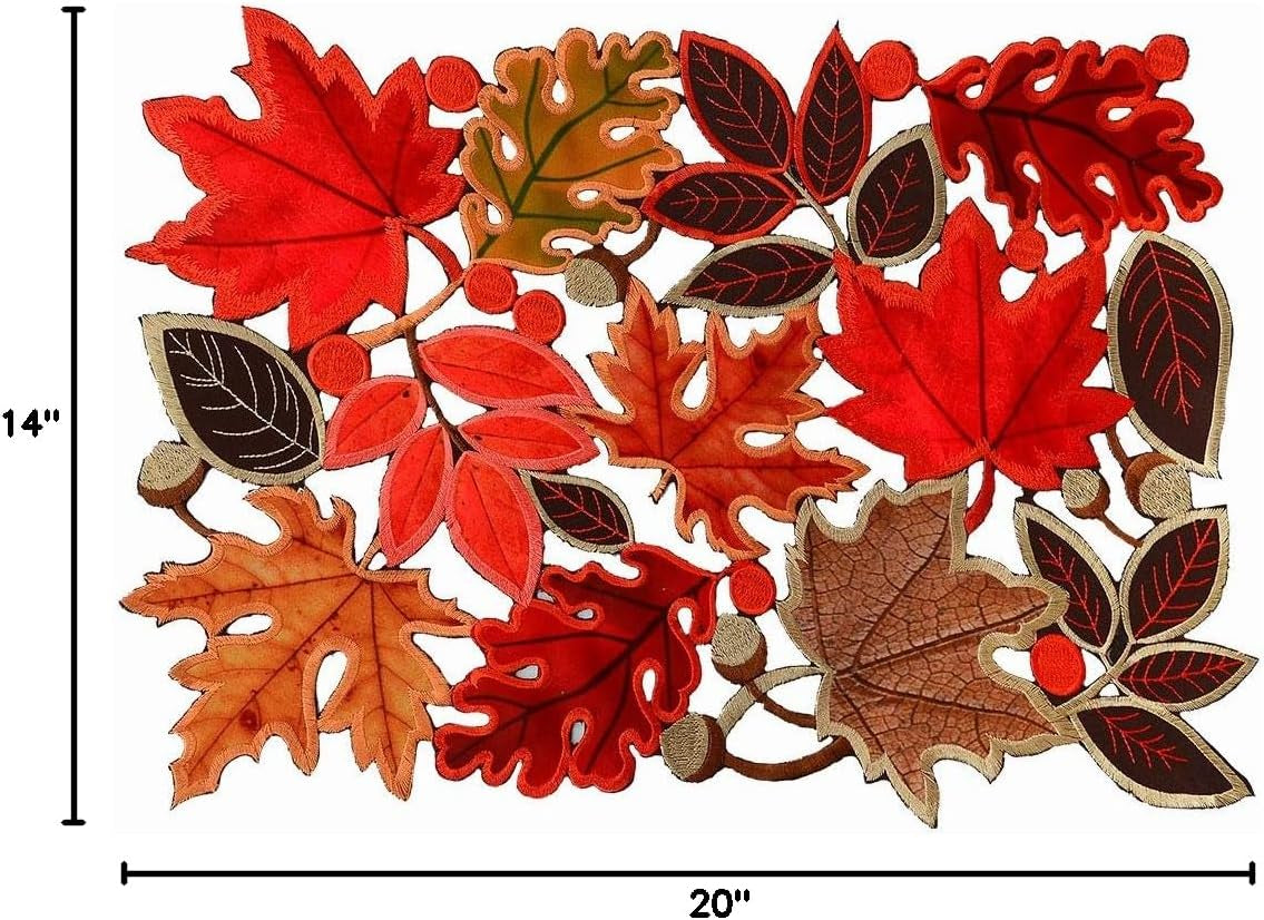 Set of 6 Embroidered Leaves Table Place-Mats for Thanksgiving, Fall or Autumn Harvest Decorations (14 × 20 Inches)